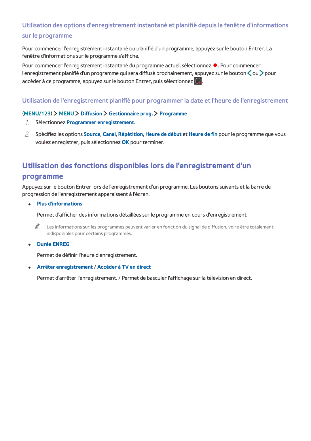 Samsung UE55JS9000TXZF, UE48JS9000TXZF manual Plus dinformations, Durée Enreg, Permet de définir lheure denregistrement 