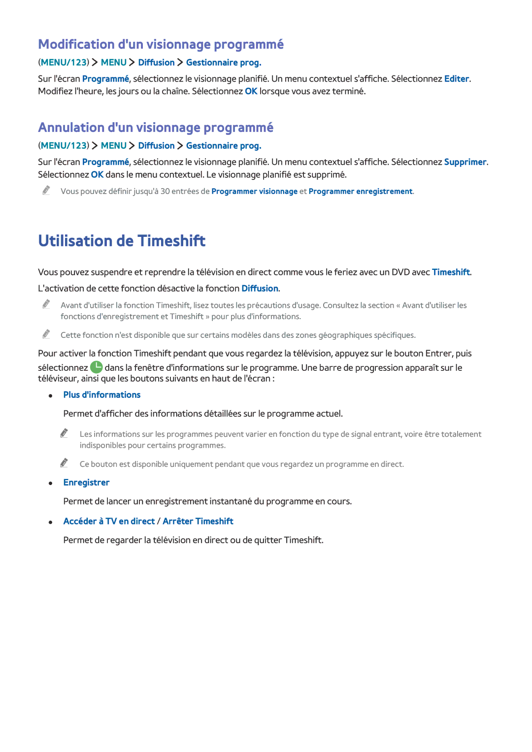 Samsung UE78JS9500TXZF, UE48JS9000TXZF manual Utilisation de Timeshift, Modification dun visionnage programmé, Enregistrer 