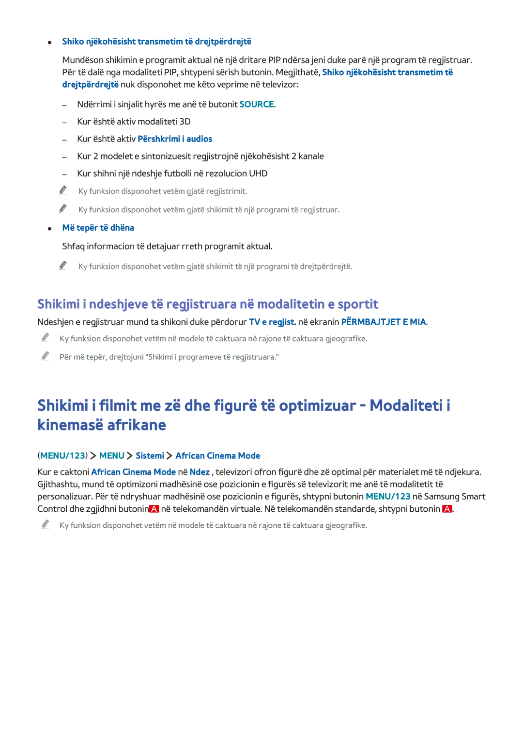 Samsung UE55JS9002TXXH manual Shiko njëkohësisht transmetim të drejtpërdrejtë, MENU/123 Menu Sistemi African Cinema Mode 