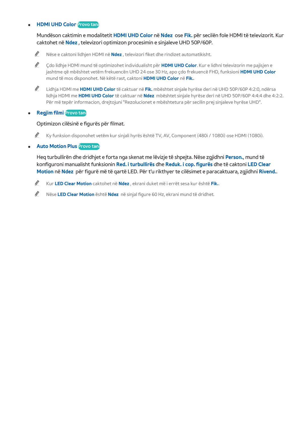 Samsung UE65JS9502TXXH manual Hdmi UHD Color Provo tani, Regjim filmi Provo tani, Optimizon cilësinë e figurës për filmat 