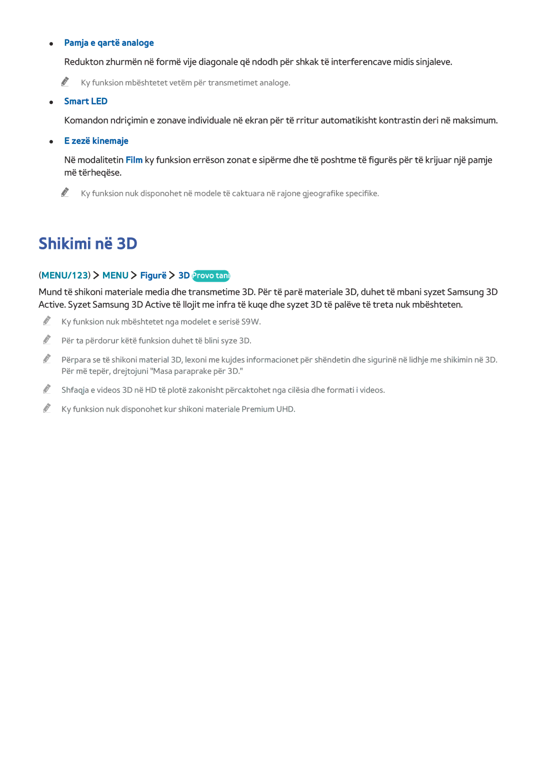 Samsung UE55JS9002TXXH, UE48JS9002TXXH, UE65JS9502TXXH manual Shikimi në 3D, Pamja e qartë analoge, Smart LED, Zezë kinemaje 