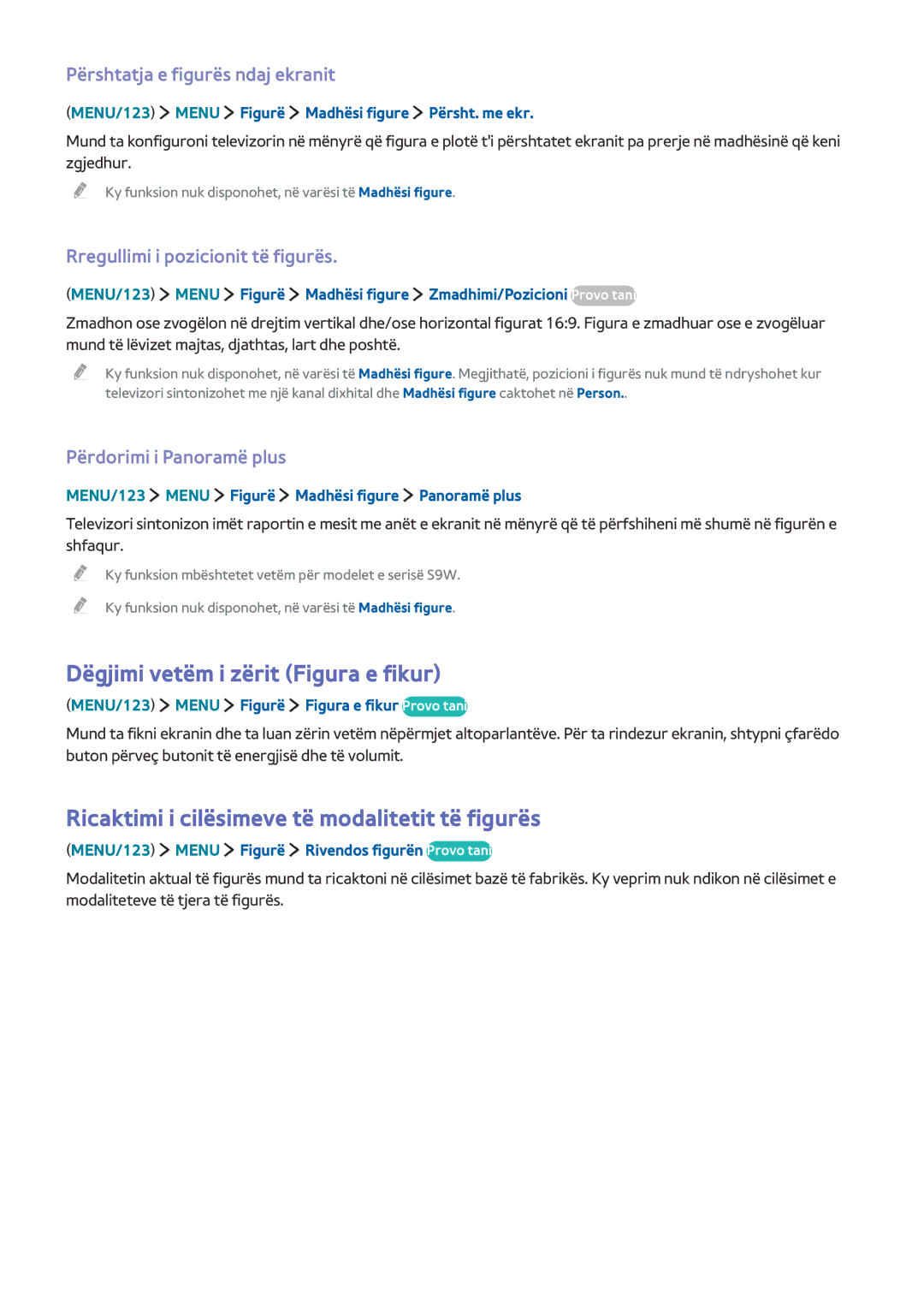 Samsung UE48JS9002TXXH manual Dëgjimi vetëm i zërit Figura e fikur, Ricaktimi i cilësimeve të modalitetit të figurës 