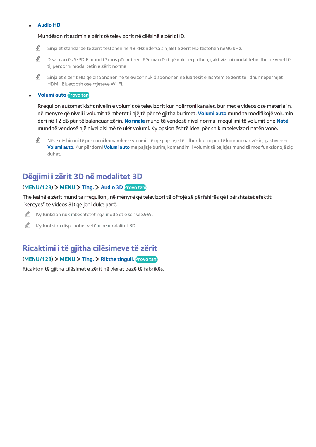 Samsung UE48JS9002TXXH, UE65JS9502TXXH manual Dëgjimi i zërit 3D në modalitet 3D, Ricaktimi i të gjitha cilësimeve të zërit 