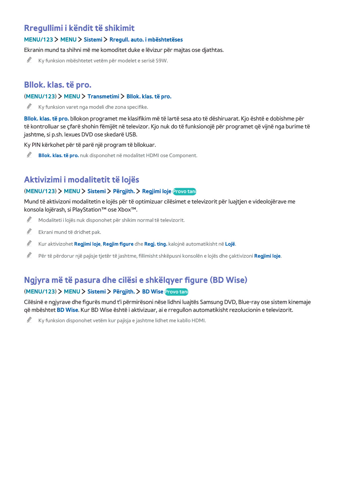 Samsung UE55JS9002TXXH manual Rregullimi i këndit të shikimit, Bllok. klas. të pro, Aktivizimi i modalitetit të lojës 