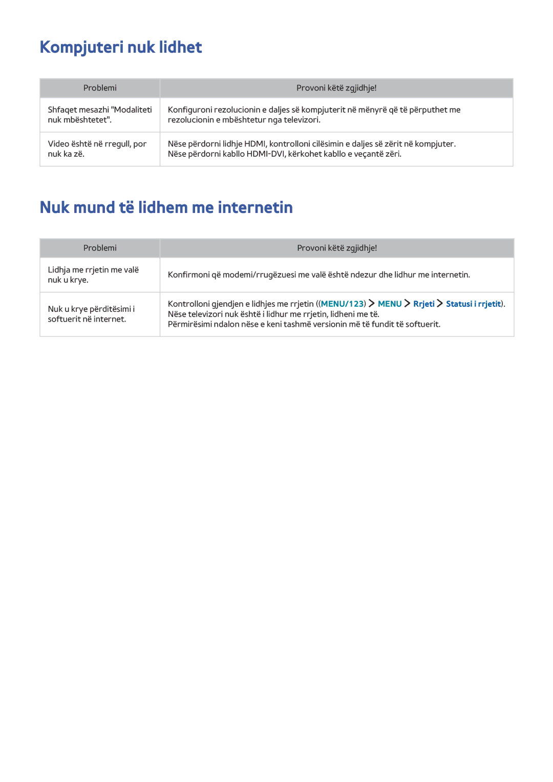 Samsung UE65JS9502TXXH, UE48JS9002TXXH, UE55JS9002TXXH manual Kompjuteri nuk lidhet, Nuk mund të lidhem me internetin 