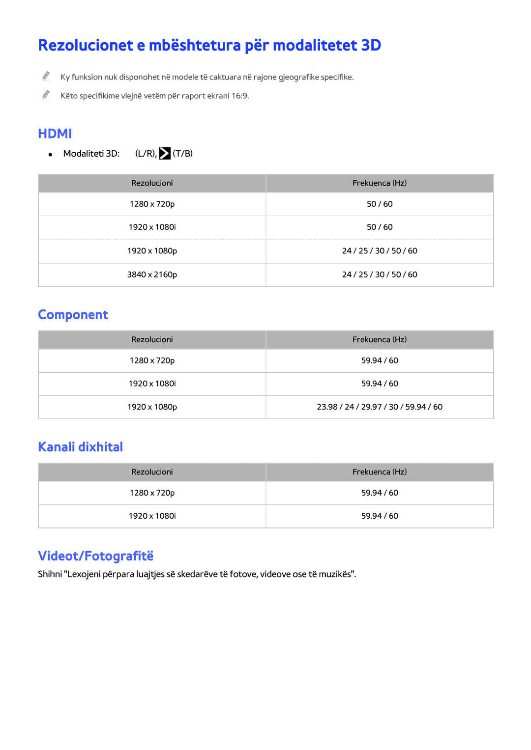 Samsung UE55JS9002TXXH manual Rezolucionet e mbështetura për modalitetet 3D, Component, Kanali dixhital, Videot/Fotografitë 