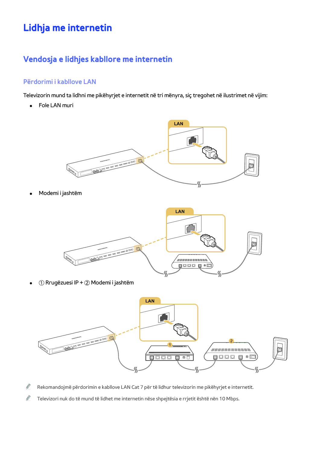 Samsung UE55JS9002TXXH manual Lidhja me internetin, Vendosja e lidhjes kabllore me internetin, Përdorimi i kabllove LAN 