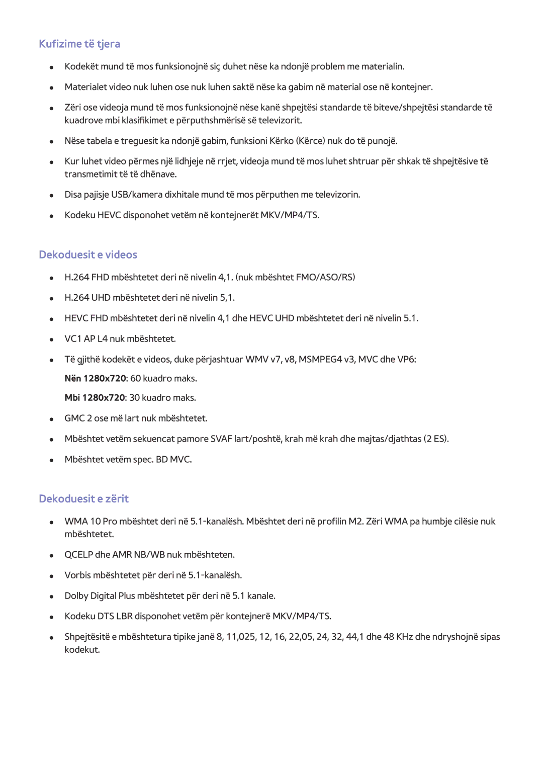 Samsung UE55JS9002TXXH, UE48JS9002TXXH, UE65JS9502TXXH manual Kufizime të tjera, Dekoduesit e videos, Dekoduesit e zërit 