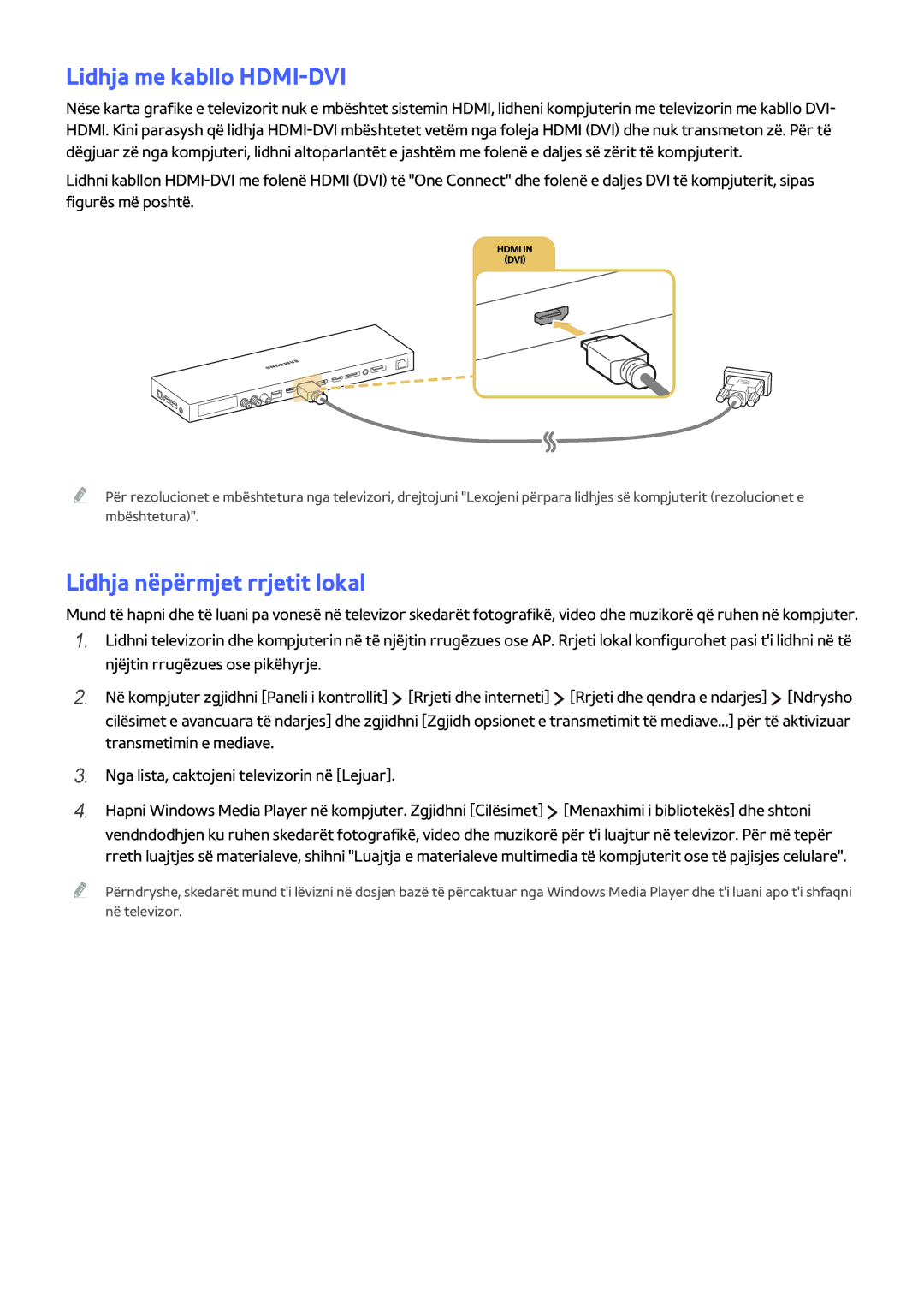 Samsung UE65JS9502TXXH, UE48JS9002TXXH, UE55JS9002TXXH manual Lidhja me kabllo HDMI-DVI, Lidhja nëpërmjet rrjetit lokal 