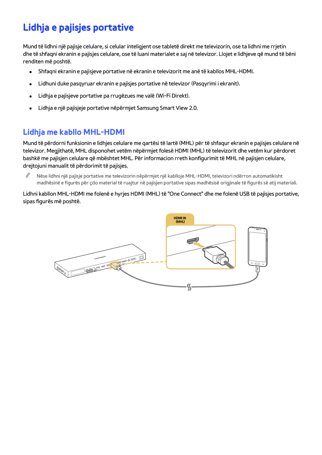 Samsung UE55JS9002TXXH, UE48JS9002TXXH, UE65JS9502TXXH manual Lidhja e pajisjes portative, Lidhja me kabllo MHL-HDMI 