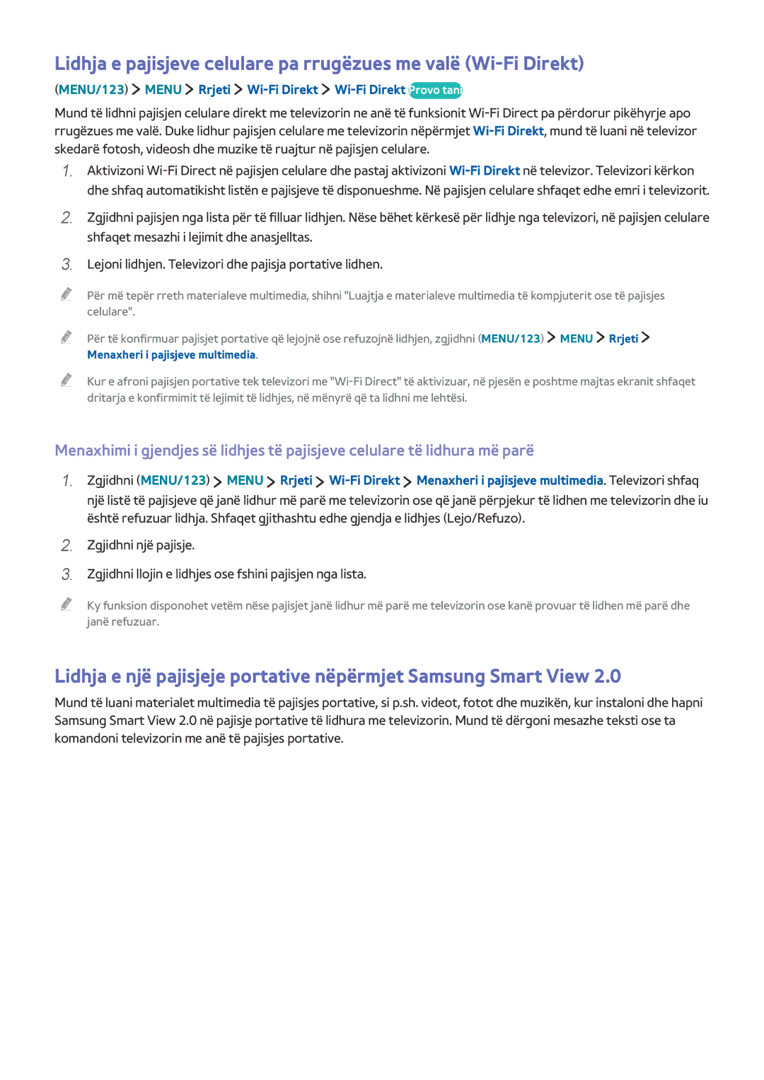 Samsung UE48JS9002TXXH, UE65JS9502TXXH, UE55JS9002TXXH manual MENU/123 Menu Rrjeti Wi-Fi Direkt Wi-Fi Direkt Provo tani 