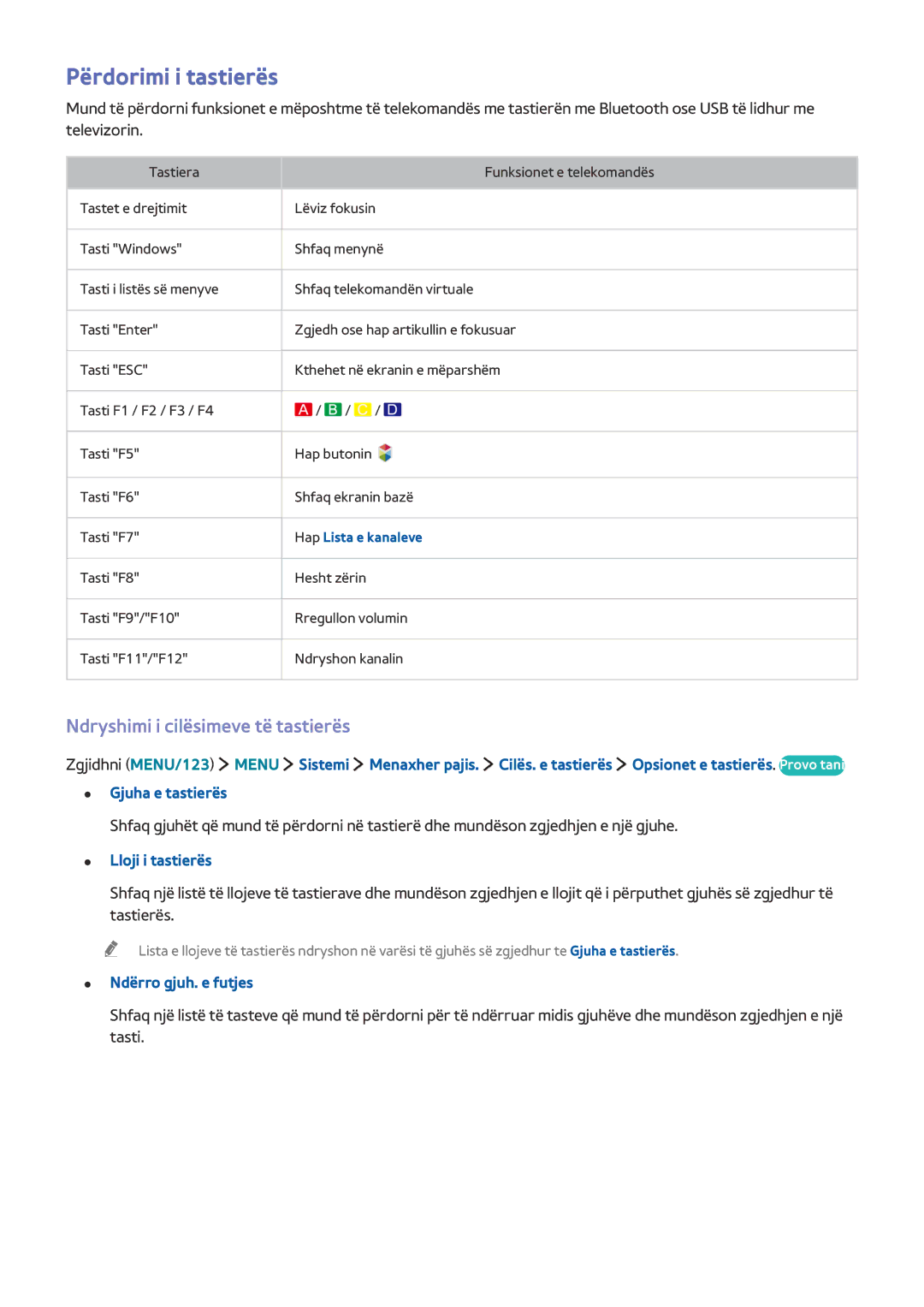 Samsung UE65JS9502TXXH, UE48JS9002TXXH manual Përdorimi i tastierës, Ndryshimi i cilësimeve të tastierës, Lloji i tastierës 