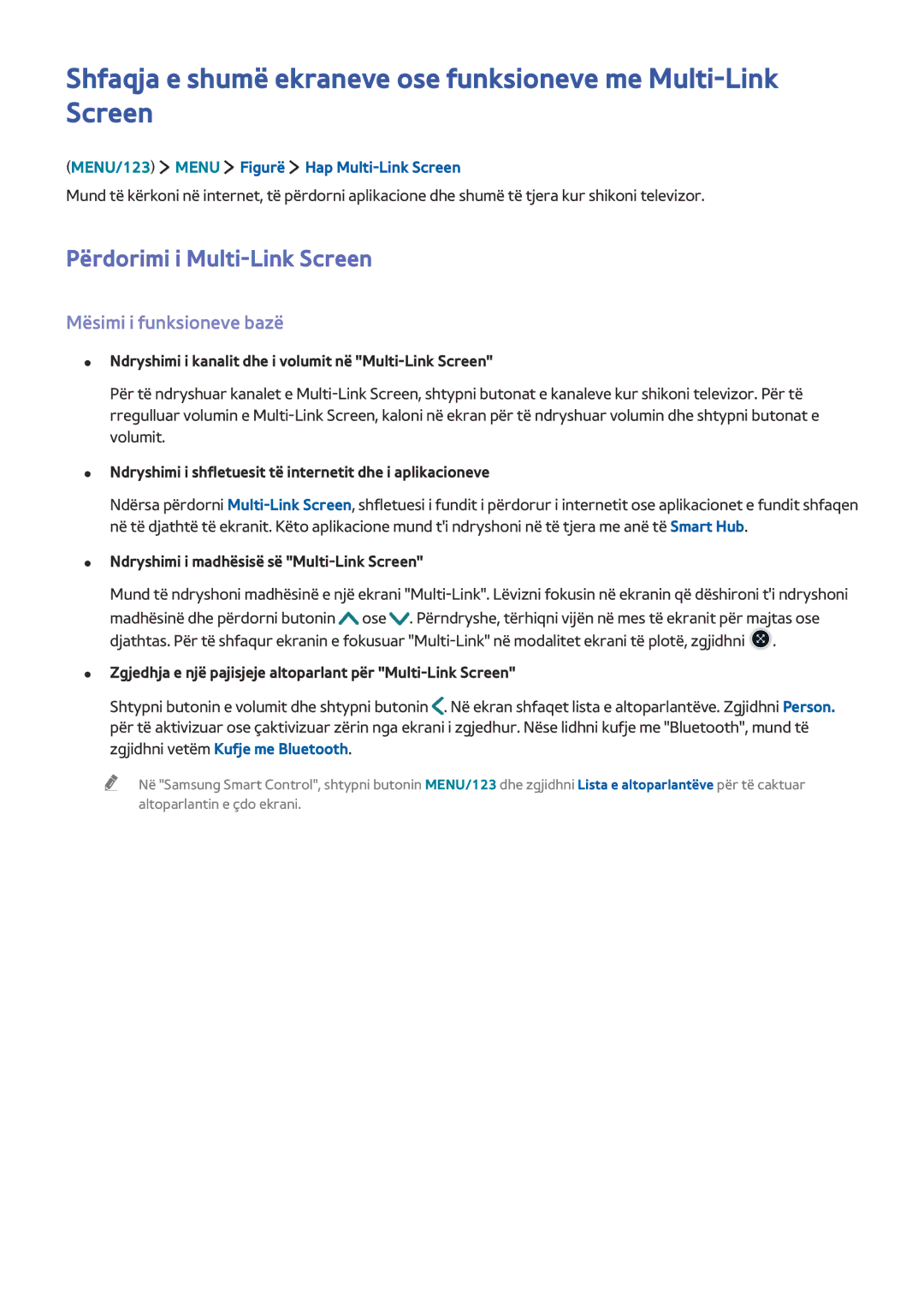 Samsung UE48JS9002TXXH, UE65JS9502TXXH, UE55JS9002TXXH manual Përdorimi i Multi-Link Screen, Mësimi i funksioneve bazë 