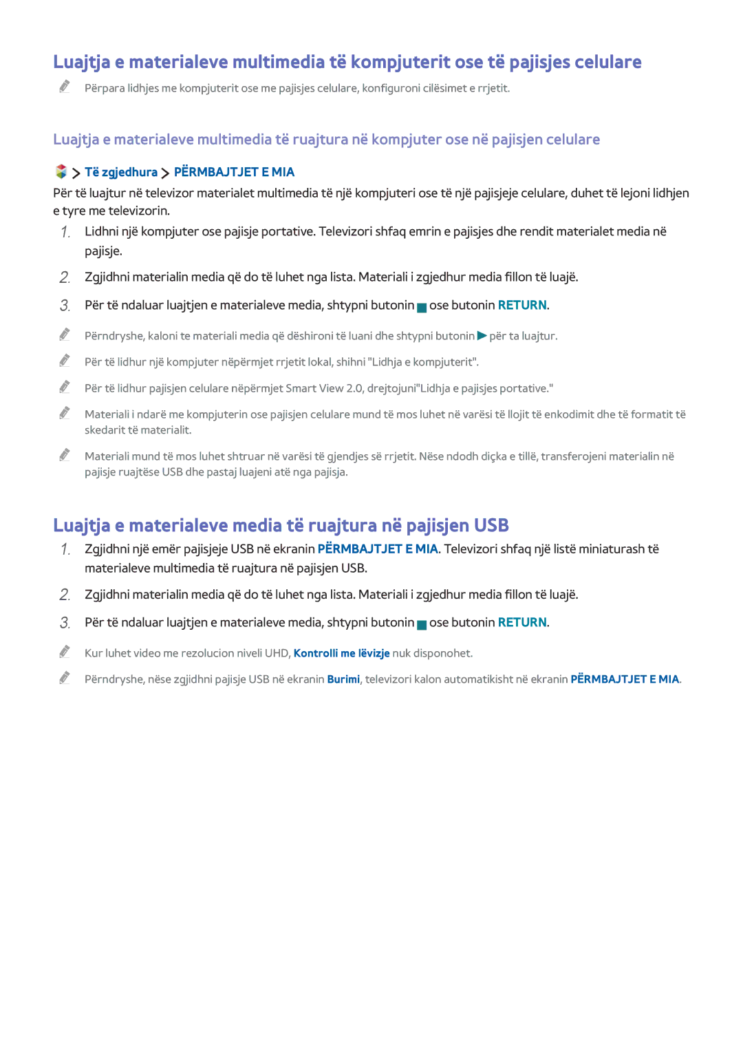 Samsung UE48JS9002TXXH manual Luajtja e materialeve media të ruajtura në pajisjen USB, Të zgjedhura Përmbajtjet E MIA 