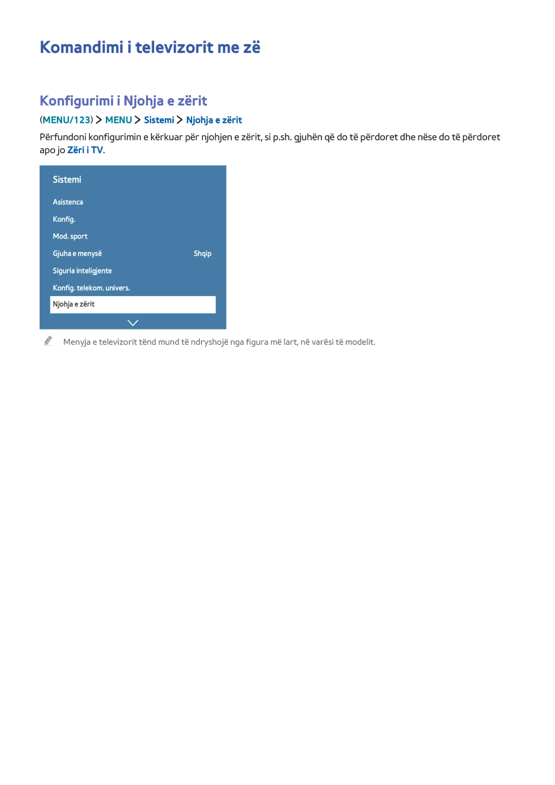 Samsung UE48JS9002TXXH Komandimi i televizorit me zë, Konfigurimi i Njohja e zërit, MENU/123 Menu Sistemi Njohja e zërit 