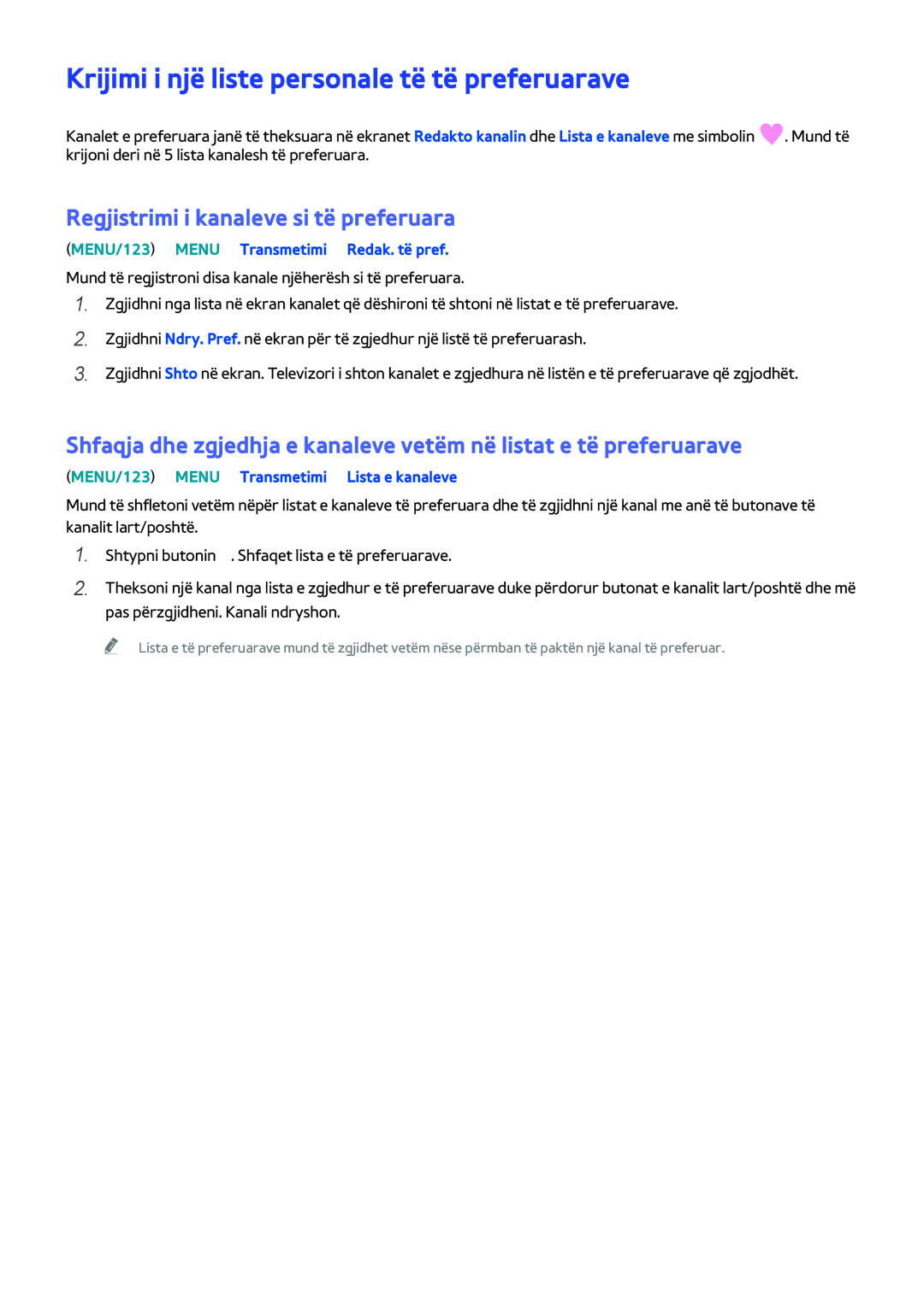 Samsung UE65JS9002TXXH manual Krijimi i një liste personale të të preferuarave, Regjistrimi i kanaleve si të preferuara 