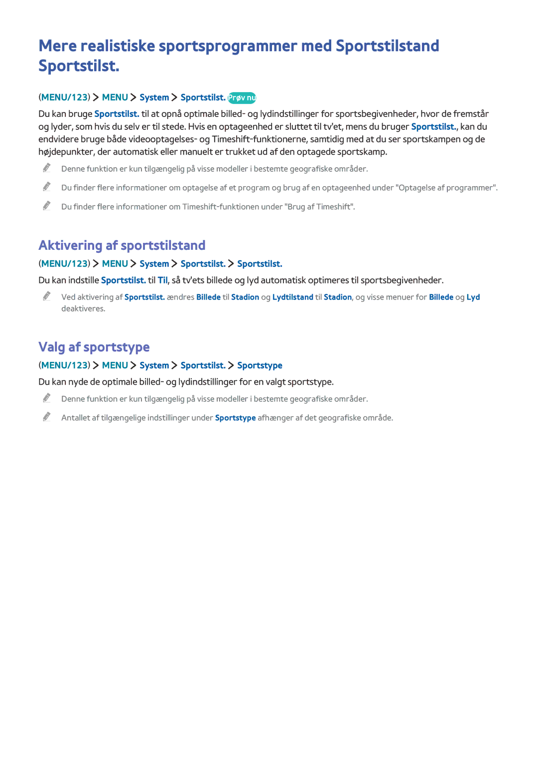 Samsung UE65JS9505QXXE manual Aktivering af sportstilstand, Valg af sportstype, MENU/123 Menu System Sportstilst. Prøv nu 