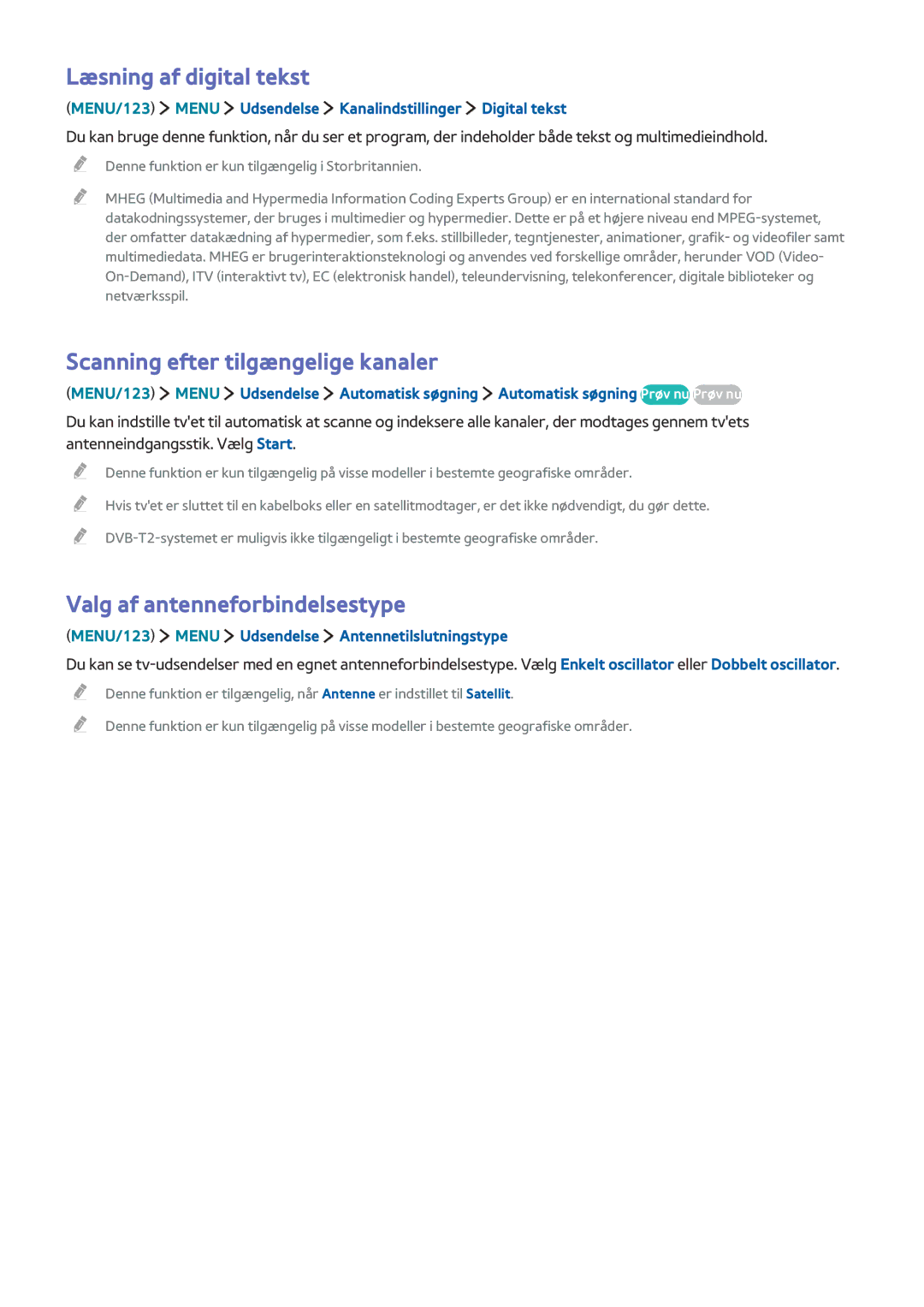 Samsung UE88JS9505QXXE Læsning af digital tekst, Scanning efter tilgængelige kanaler, Valg af antenneforbindelsestype 