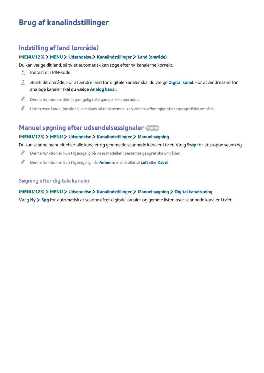 Samsung UE55JS9005QXXE manual Brug af kanalindstillinger, Indstilling af land område, Søgning efter digitale kanaler 