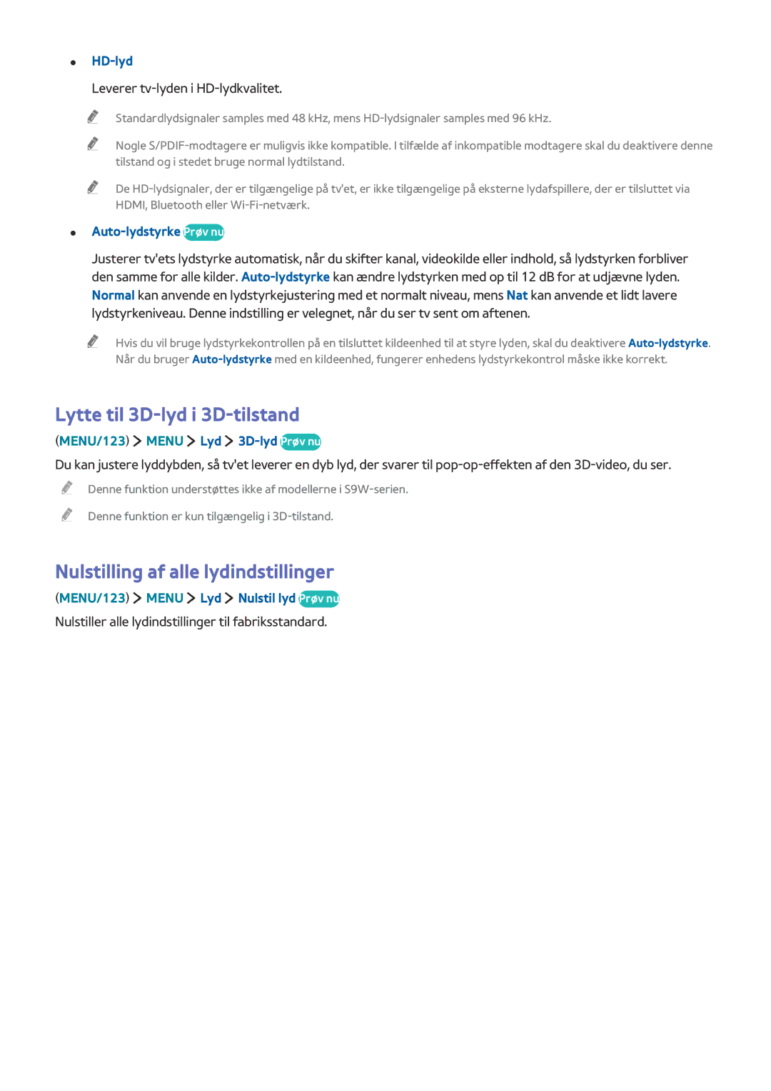 Samsung UE82S9WAQXXE Lytte til 3D-lyd i 3D-tilstand, Nulstilling af alle lydindstillinger, HD-lyd, Auto-lydstyrke Prøv nu 