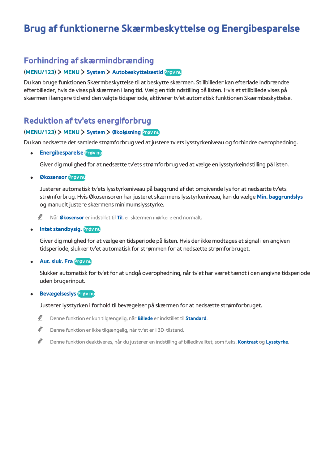 Samsung UE65JS9505QXXE manual Brug af funktionerne Skærmbeskyttelse og Energibesparelse, Forhindring af skærmindbrænding 