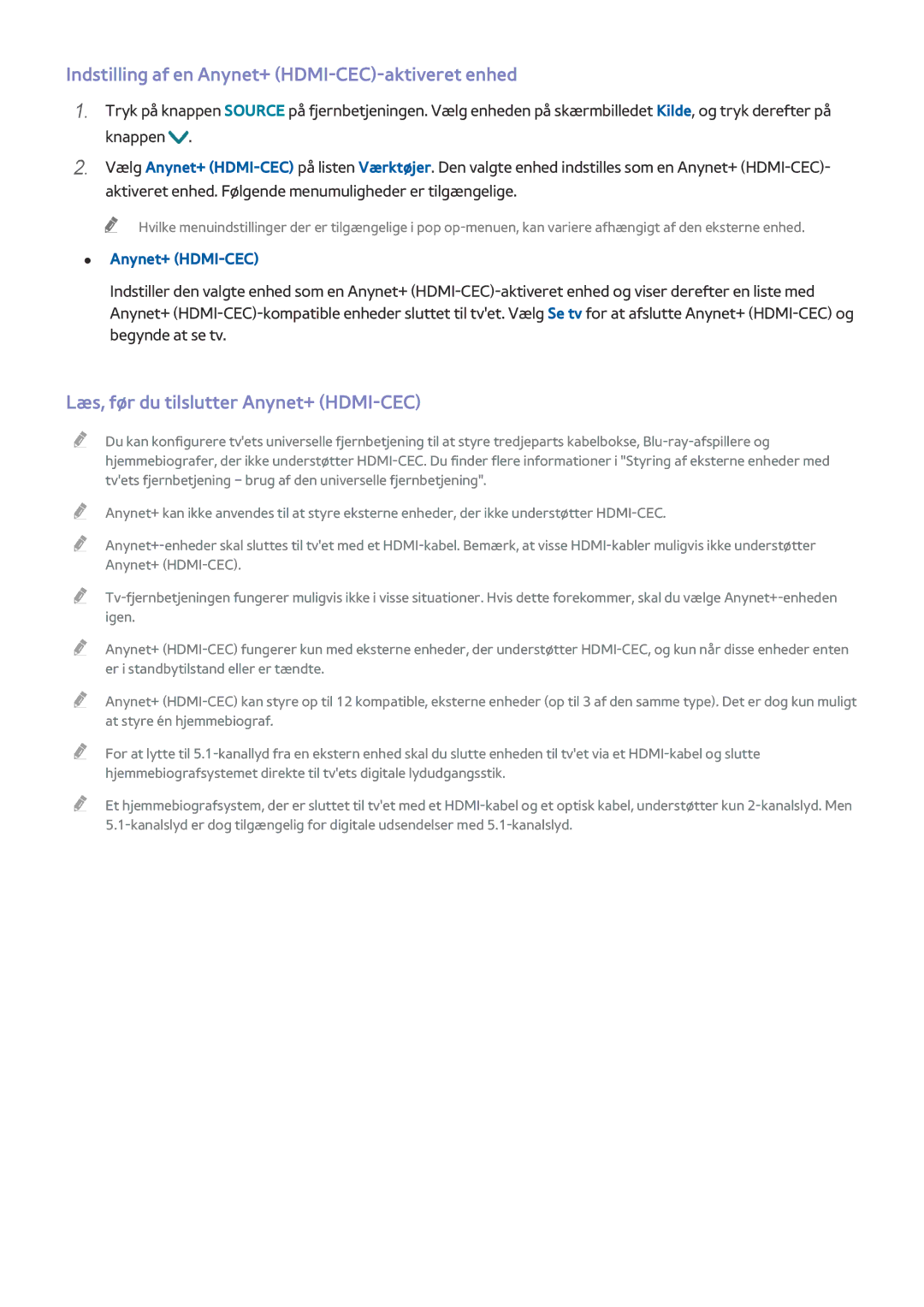 Samsung UE82S9WAQXXE manual Indstilling af en Anynet+ HDMI-CEC-aktiveret enhed, Læs, før du tilslutter Anynet+ HDMI-CEC 