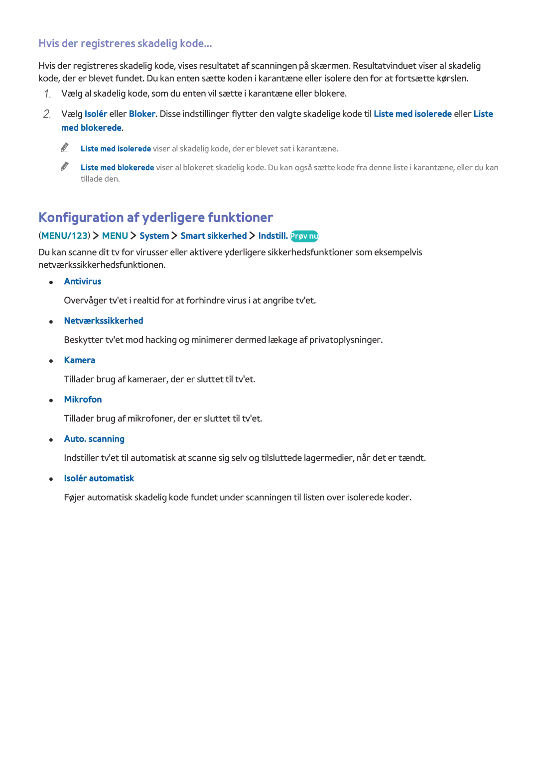 Samsung UE78JS9505QXXE, UE48JS9005QXXE manual Konfiguration af yderligere funktioner, Hvis der registreres skadelig kode 