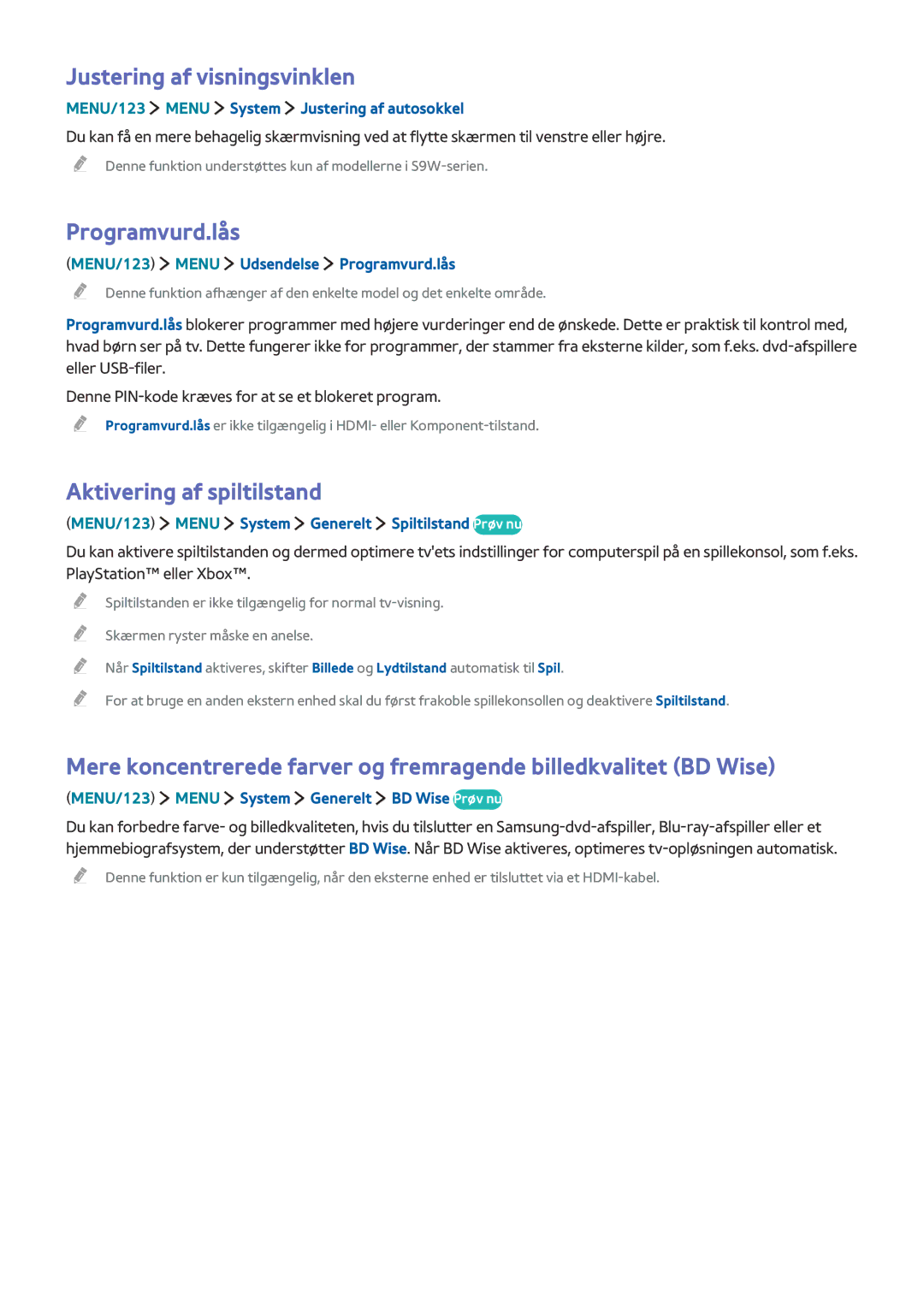 Samsung UE82S9WAQXXE, UE48JS9005QXXE manual Justering af visningsvinklen, Programvurd.lås, Aktivering af spiltilstand 