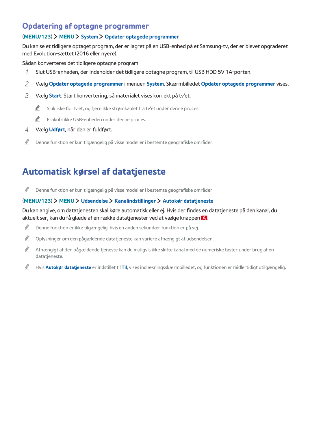 Samsung UE88JS9505QXXE, UE48JS9005QXXE, UE65JS9005QXXE Automatisk kørsel af datatjeneste, Opdatering af optagne programmer 