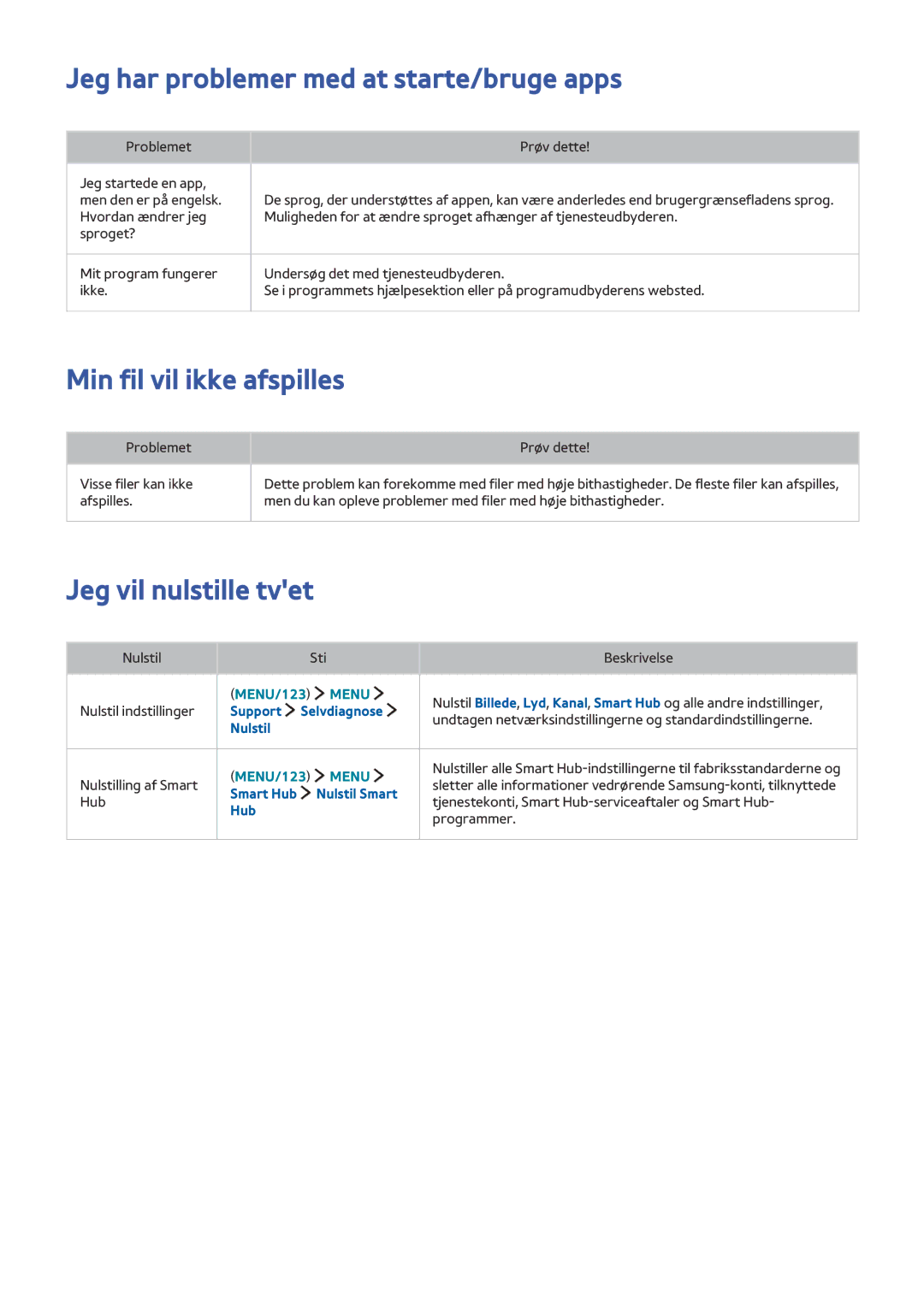 Samsung UE88JS9505QXXE Jeg har problemer med at starte/bruge apps, Min fil vil ikke afspilles, Jeg vil nulstille tvet 