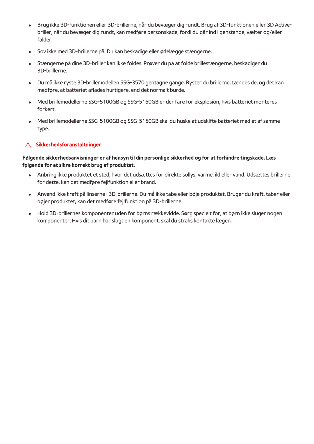 Samsung UE88JS9505QXXE, UE48JS9005QXXE, UE65JS9005QXXE, UE78JS9505QXXE, UE65JS9505QXXE manual Sikkerhedsforanstaltninger 