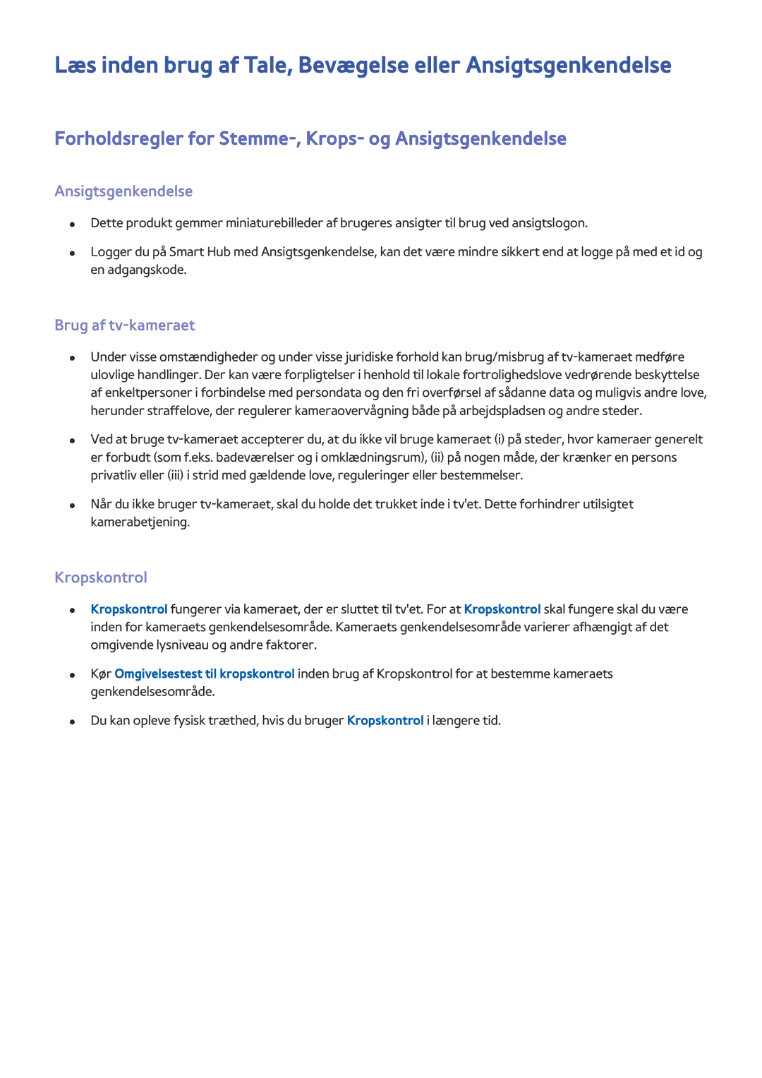 Samsung UE65JS9005QXXE manual Læs inden brug af Tale, Bevægelse eller Ansigtsgenkendelse, Brug af tv-kameraet, Kropskontrol 