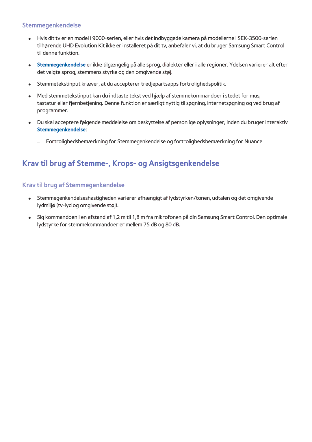 Samsung UE78JS9505QXXE, UE48JS9005QXXE manual Krav til brug af Stemme-, Krops- og Ansigtsgenkendelse, Stemmegenkendelse 