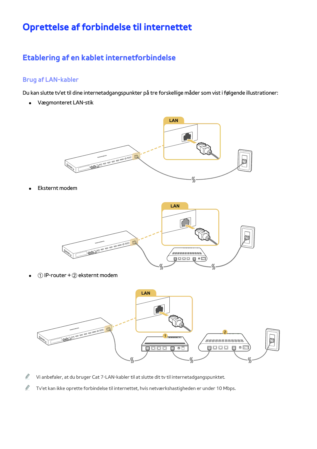 Samsung UE65JS9505QXXE manual Oprettelse af forbindelse til internettet, Etablering af en kablet internetforbindelse 