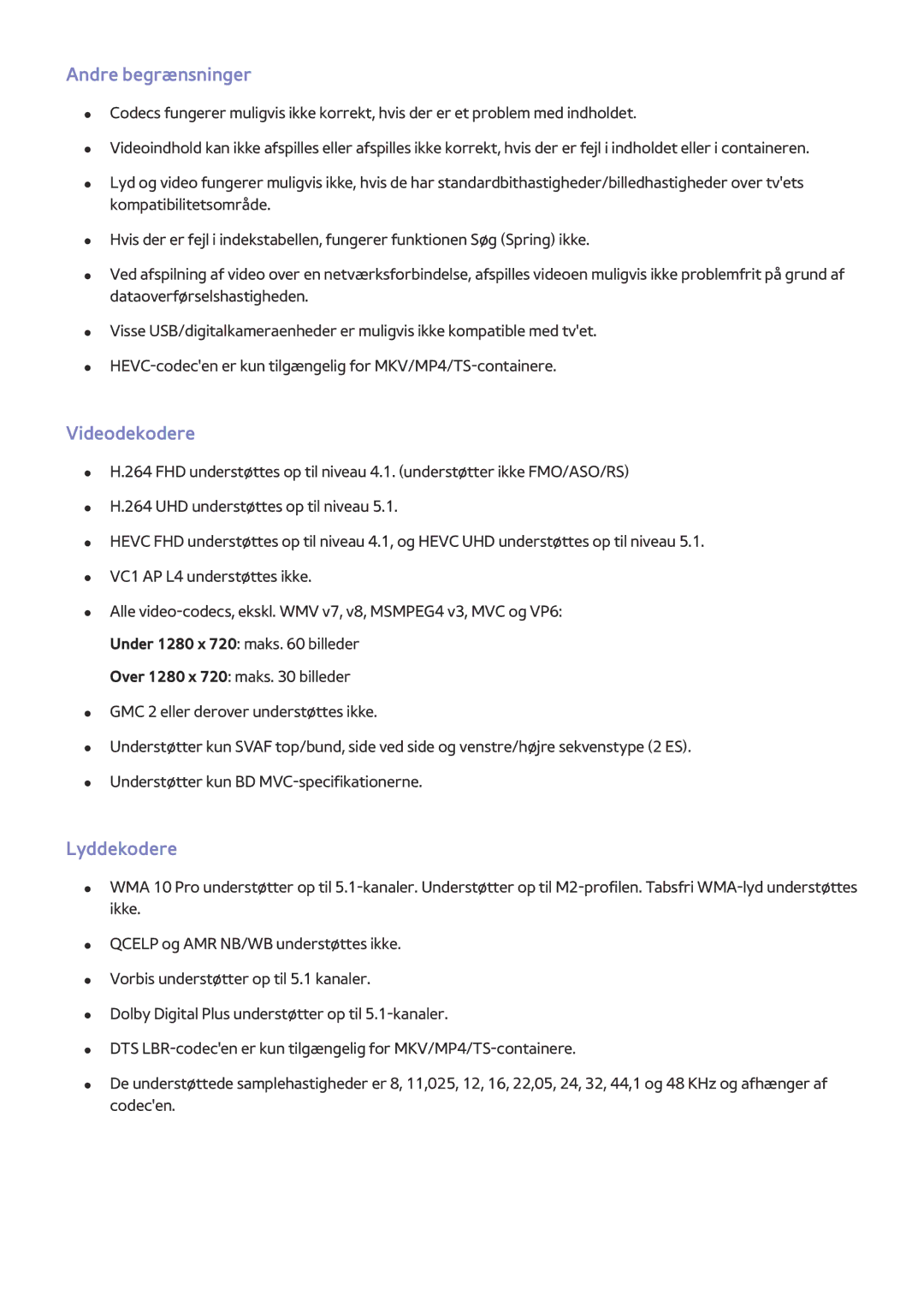 Samsung UE65JS9505QXXE, UE48JS9005QXXE, UE65JS9005QXXE, UE78JS9505QXXE manual Andre begrænsninger, Videodekodere, Lyddekodere 