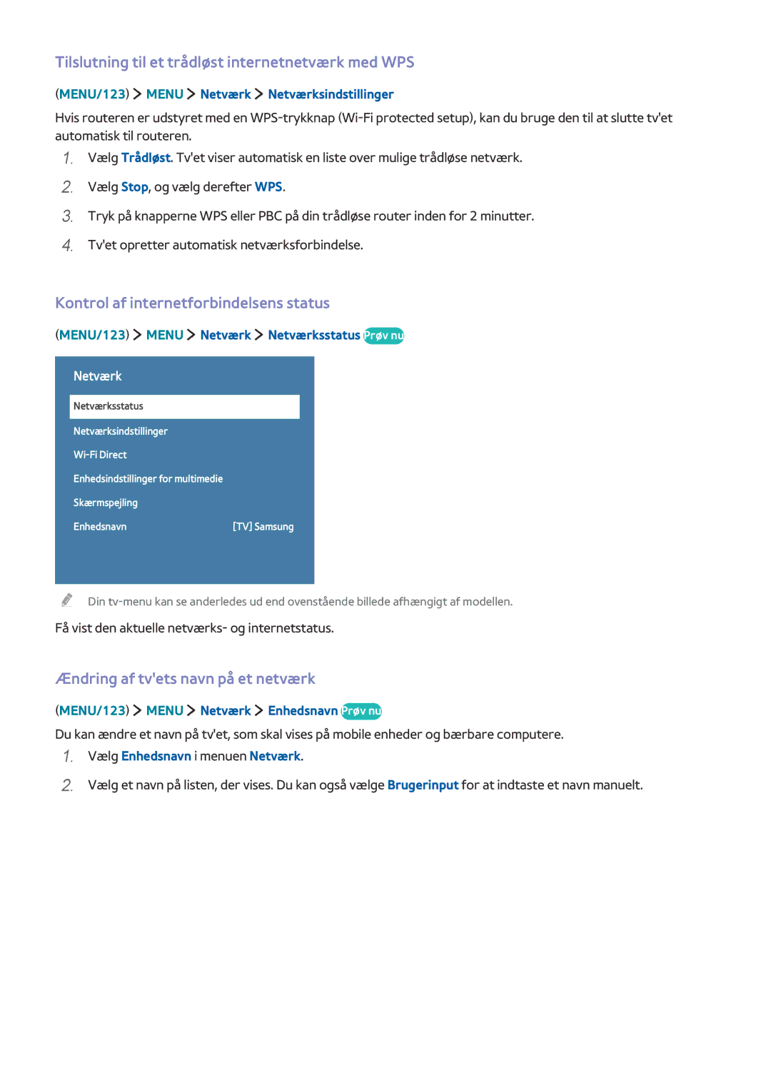 Samsung UE82S9WAQXXE manual Tilslutning til et trådløst internetnetværk med WPS, Kontrol af internetforbindelsens status 