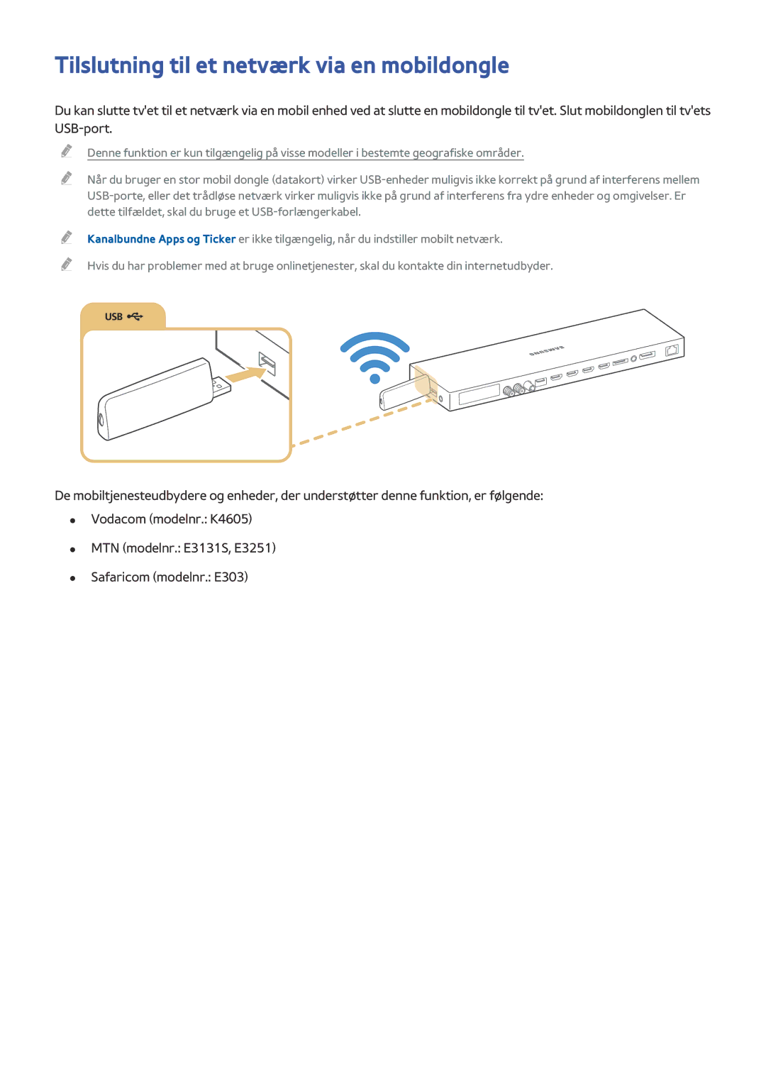 Samsung UE48JS9005QXXE, UE65JS9005QXXE, UE78JS9505QXXE, UE88JS9505QXXE manual Tilslutning til et netværk via en mobildongle 