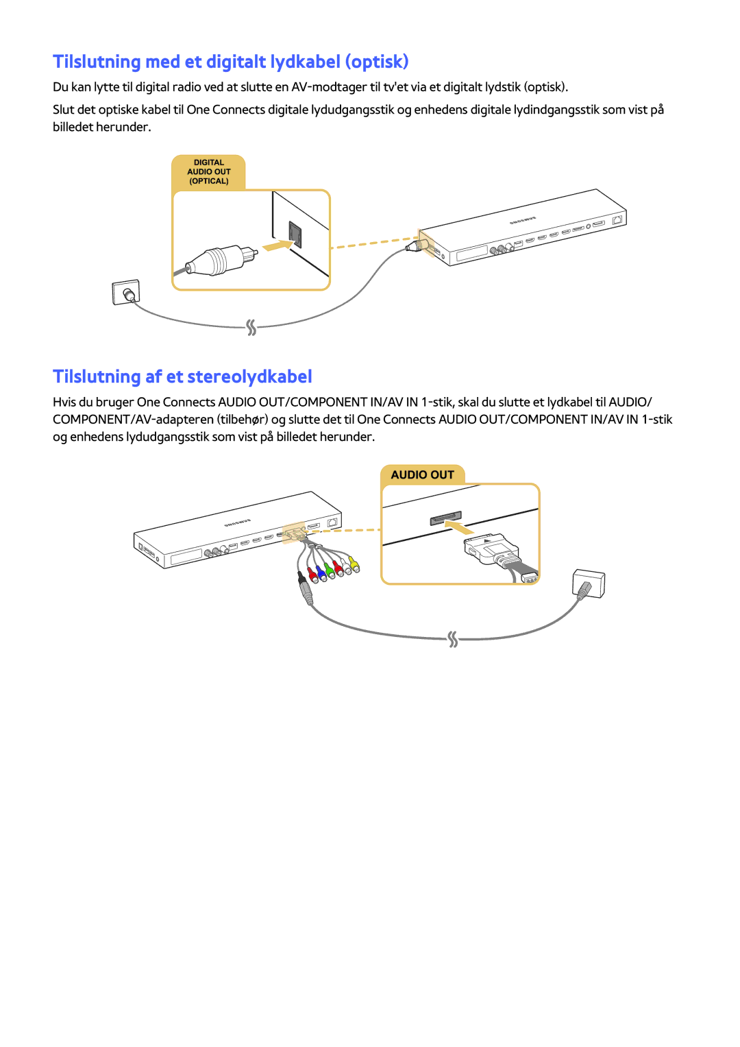 Samsung UE82S9WAQXXE, UE48JS9005QXXE manual Tilslutning med et digitalt lydkabel optisk, Tilslutning af et stereolydkabel 