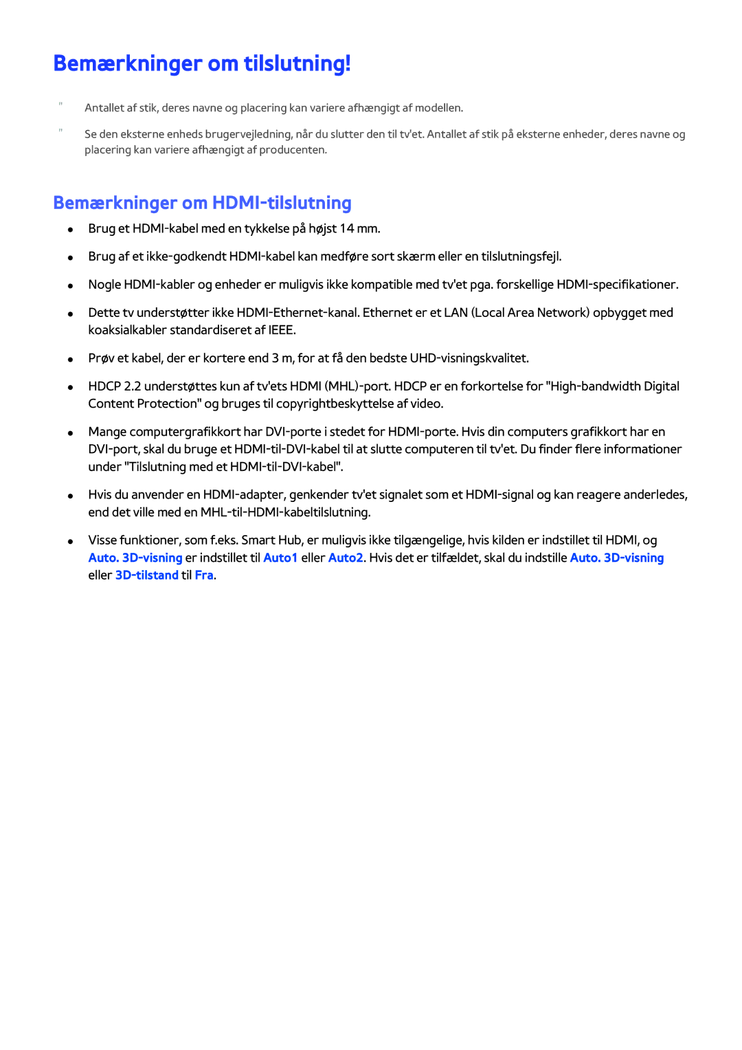 Samsung UE48JS9005QXXE, UE65JS9005QXXE, UE78JS9505QXXE manual Bemærkninger om tilslutning, Bemærkninger om HDMI-tilslutning 