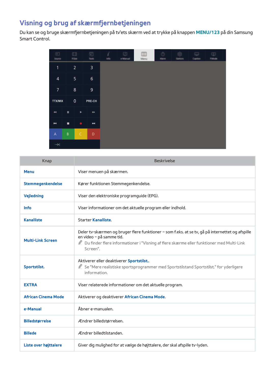 Samsung UE82S9WAQXXE, UE48JS9005QXXE manual Visning og brug af skærmfjernbetjeningen, Kanalliste Starter Kanalliste 