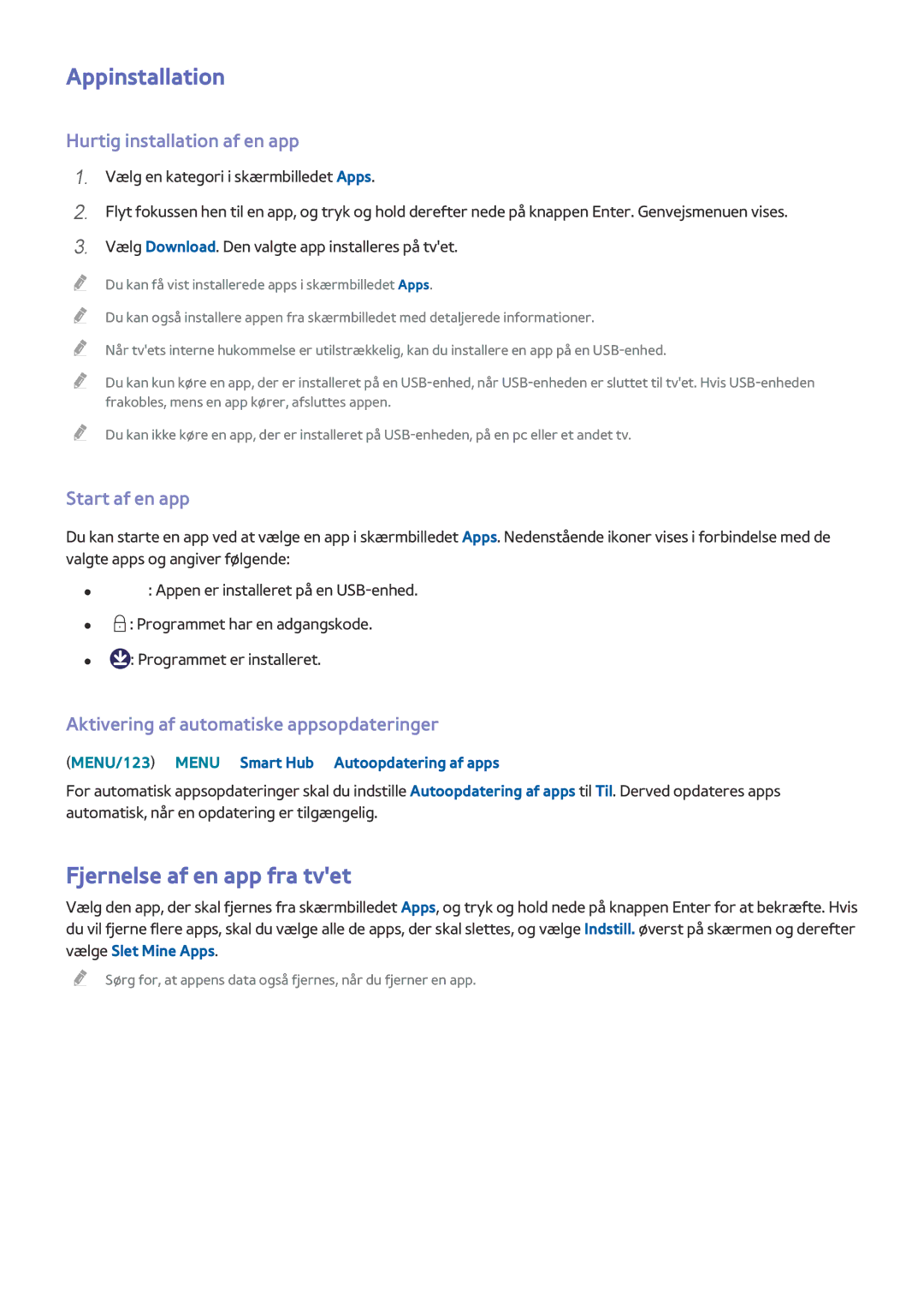 Samsung UE88JS9505QXXE manual Appinstallation, Fjernelse af en app fra tvet, Hurtig installation af en app, Start af en app 