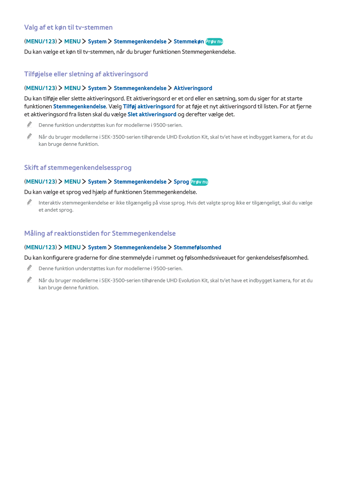 Samsung UE65JS9505QXXE, UE48JS9005QXXE manual Valg af et køn til tv-stemmen, Tilføjelse eller sletning af aktiveringsord 