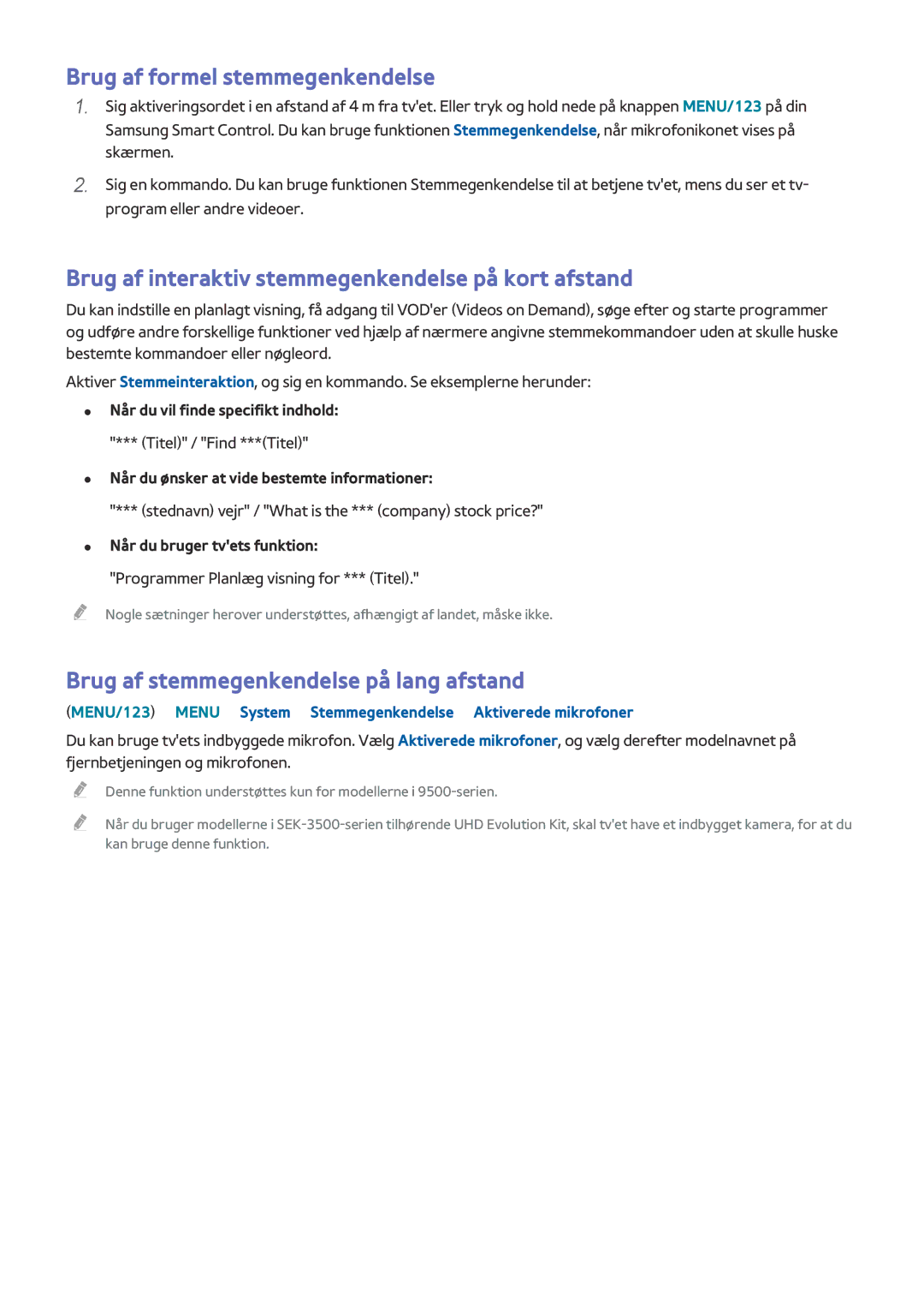 Samsung UE55JS9005QXXE manual Brug af formel stemmegenkendelse, Brug af interaktiv stemmegenkendelse på kort afstand 