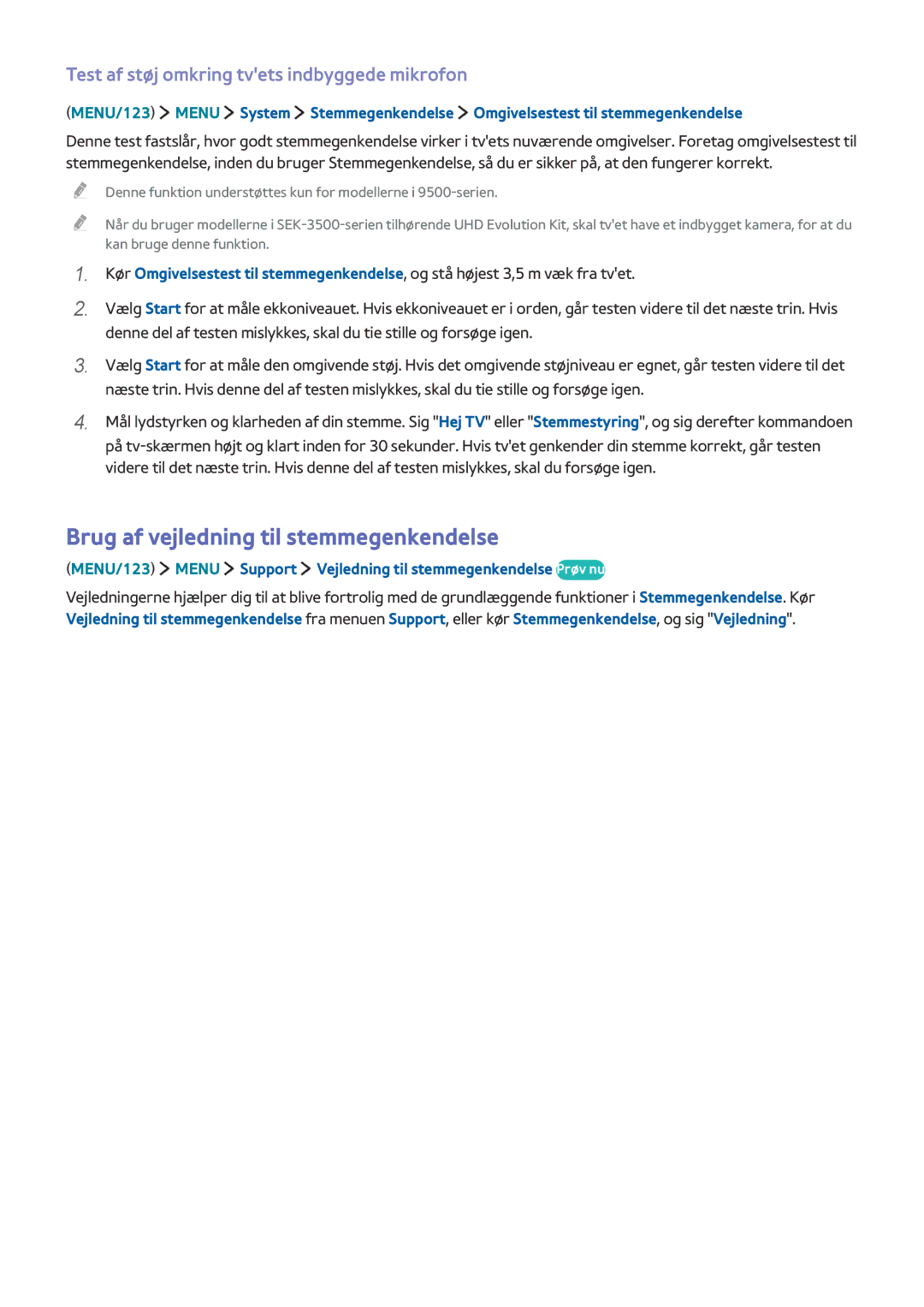 Samsung UE82S9WAQXXE manual Brug af vejledning til stemmegenkendelse, Test af støj omkring tvets indbyggede mikrofon 