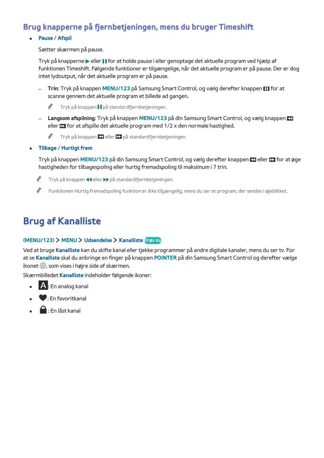 Samsung UE65JS9505QXXE, UE48JS9005QXXE, UE65JS9005QXXE manual Brug af Kanalliste, MENU/123 Menu Udsendelse Kanalliste Prøv nu 