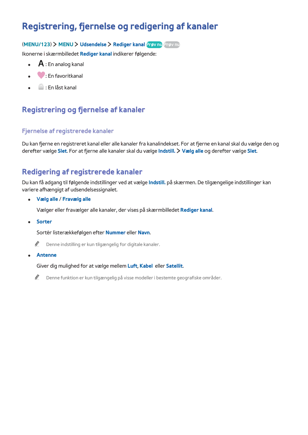 Samsung UE82S9WAQXXE manual Registrering, fjernelse og redigering af kanaler, Registrering og fjernelse af kanaler 