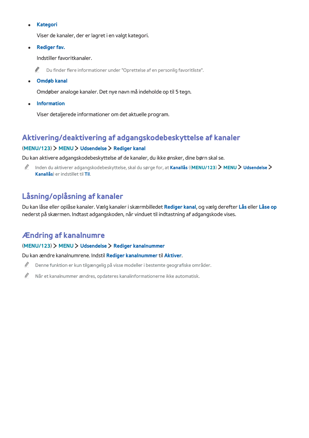 Samsung UE48JS9005QXXE, UE65JS9005QXXE, UE78JS9505QXXE, UE88JS9505QXXE Låsning/oplåsning af kanaler, Ændring af kanalnumre 