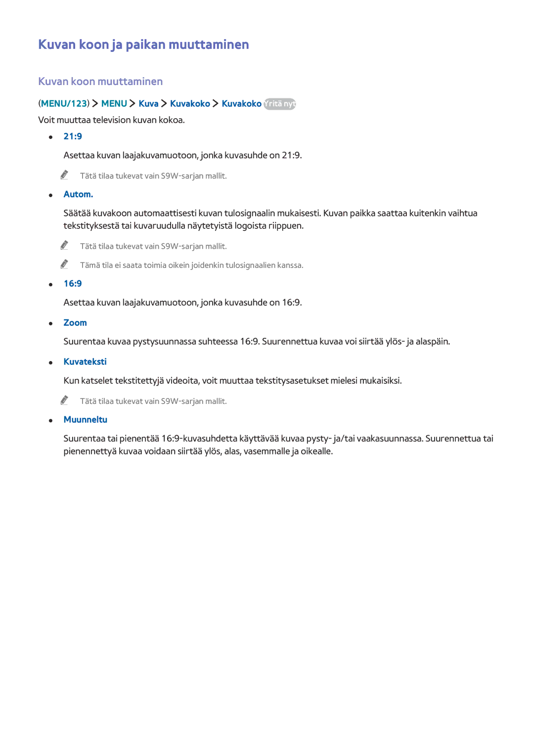 Samsung UE88JS9505QXXE, UE48JS9005QXXE, UE65JS9005QXXE manual Kuvan koon ja paikan muuttaminen, Kuvan koon muuttaminen 