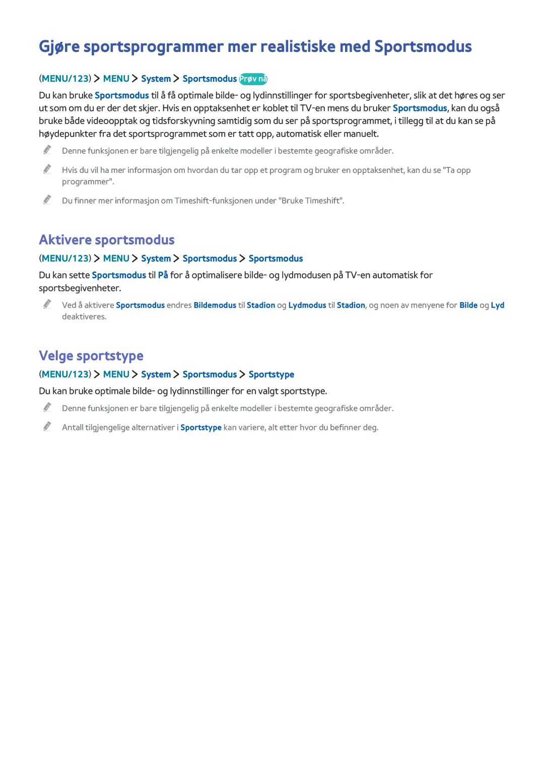 Samsung UE65JS9505QXXE, UE48JS9005QXXE manual Gjøre sportsprogrammer mer realistiske med Sportsmodus, Velge sportstype 