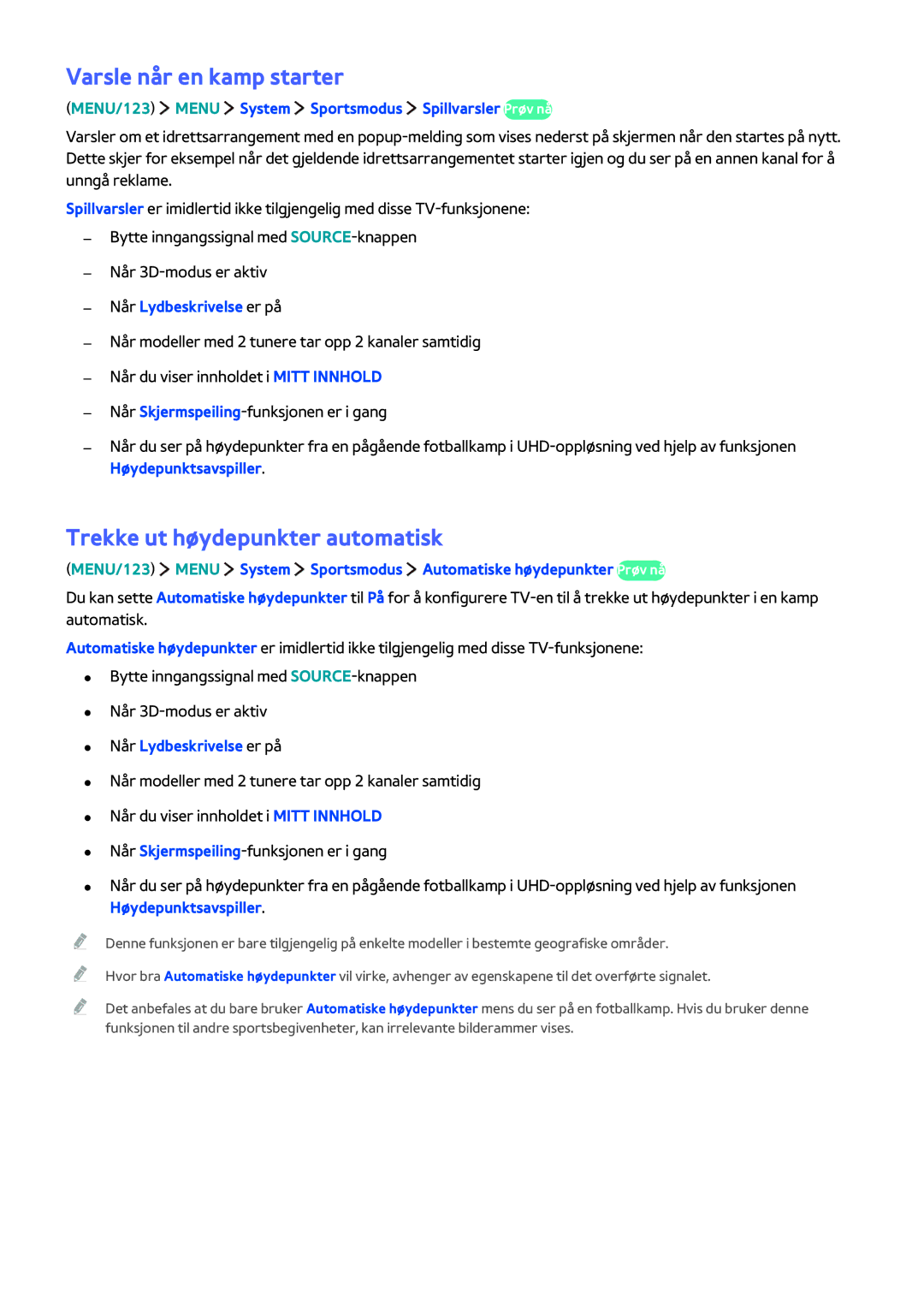 Samsung UE55JS9005QXXE manual Varsle når en kamp starter, Trekke ut høydepunkter automatisk, Når Lydbeskrivelse er på 